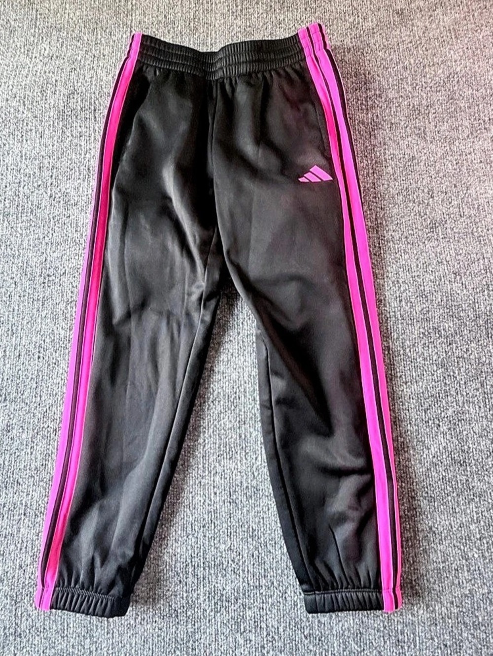 adidas Girls Black/Pink 3-Stripes Jogger Track Pants Pockets Drawstring S 7/8